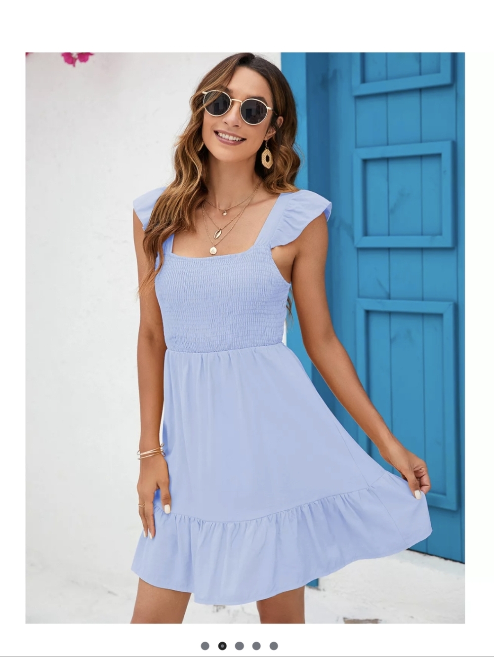 Kojooin Blue Smocked Mini Dress XL Ruffle Strap Tie Back Babydoll Flowy Summer